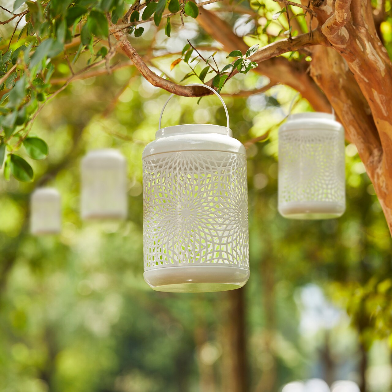 Set of 2/4 8.75"H Metal Cutout Flower Solar Powered Outdoor Hanging Lantern with LED Light
